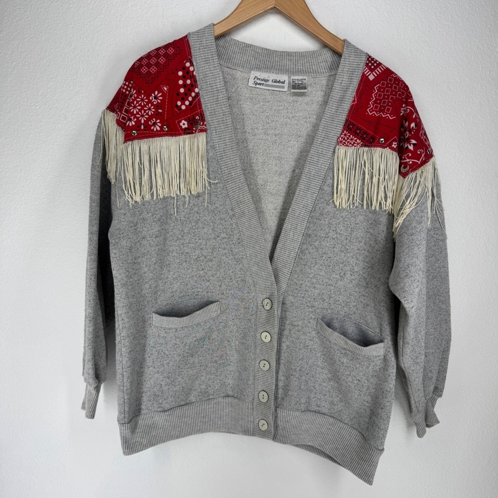 Vintage Bandana Fringe Western Cardigan Sweatshirt Medium Festival Rodeo Cowgirl